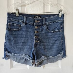 Express Dark Blue Shortie High Rise Jean Shorts with Frayed Hem Size 6
